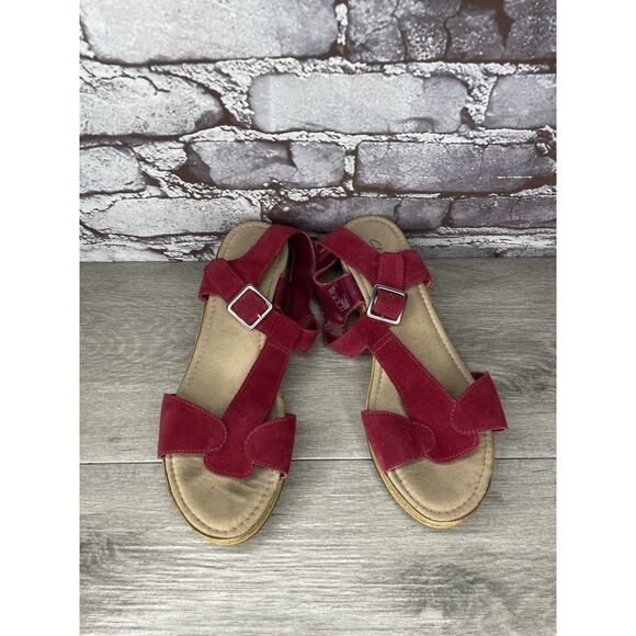 Clarks Red Suede Strappy Buckle Cork Wedge Sandals Women Sz 8.5M US/39.5EU Italy - Picture 2 of 16